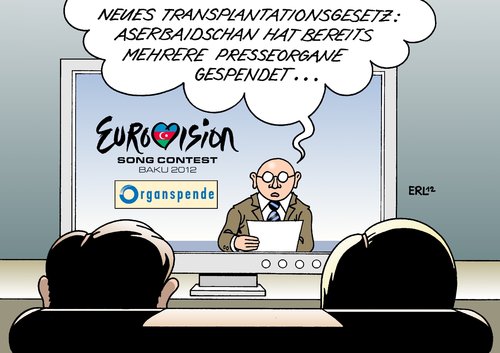 Cartoon: Organe (medium) by Erl tagged transplantationsgesetz,neu,bundestag,organspende,eurovision,song,contest,baku,aserbaidschan,menschenrechte,meinungsfreiheit,pressefreiheit,presseorgan,presseorgane,organ,organe,transplantationsgesetz,bundestag,organspende,eurovision song contest,baku,aserbaidschan,menschenrechte,eurovision,song,contest