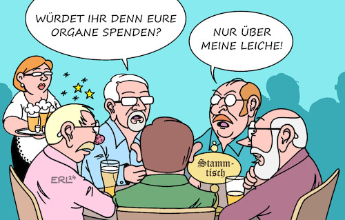 Cartoon: Organspender (medium) by Erl tagged politik,medizin,gesundheit,krankheit,organ,organspende,register,zentrales,organspenderegister,online,internet,leben,retten,stammtisch,pro,kontra,widerspruch,widerspruchslösung,karikatur,erl,politik,medizin,gesundheit,krankheit,organ,organspende,register,zentrales,organspenderegister,online,internet,leben,retten,stammtisch,pro,kontra,widerspruch,widerspruchslösung,karikatur,erl