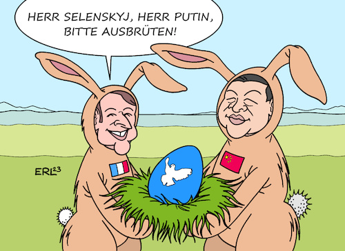 Cartoon: Osterei (medium) by Erl tagged politik,krieg,angriff,überfall,russland,ukraine,frankreich,präsident,macron,besuch,china,xi,jinping,frieden,friedensverhandlungen,ostern,osterhase,osterei,ausbrüten,selenskyj,putin,karikatur,erl,politik,krieg,angriff,überfall,russland,ukraine,frankreich,präsident,macron,besuch,china,xi,jinping,frieden,friedensverhandlungen,ostern,osterhase,osterei,ausbrüten,selenskyj,putin,karikatur,erl