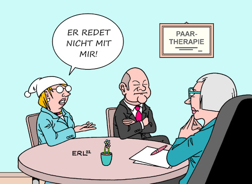 Cartoon: Paartherapie (medium) by Erl tagged politik,bundesregierung,ampel,koalition,bundeskanzler,olaf,scholz,kommunikation,mangelhaft,reden,erklären,richtung,handlungen,krieg,russland,ukraine,waffenlieferungen,paartherapie,bürgerin,bürger,michaela,michel,therapeutin,karikatur,erl,politik,bundesregierung,ampel,koalition,bundeskanzler,olaf,scholz,kommunikation,mangelhaft,reden,erklären,richtung,handlungen,krieg,russland,ukraine,waffenlieferungen,paartherapie,bürgerin,bürger,michaela,michel,therapeutin,karikatur,erl