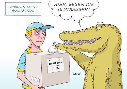 Cartoon: Paketboten (medium) by Erl tagged politik,wirtschaft,paketdienstleister,arbeitgeber,subunternehmer,ausnutzung,arbeitnehmer,paketboten,große,koalition,groko,cdu,csu,spd,beschluss,haftung,unternehmer,blutsauger,vampir,knoblauch,karikatur,erl,politik,wirtschaft,paketdienstleister,arbeitgeber,subunternehmer,ausnutzung,arbeitnehmer,paketboten,große,koalition,groko,cdu,csu,spd,beschluss,haftung,unternehmer,blutsauger,vampir,knoblauch,karikatur,erl