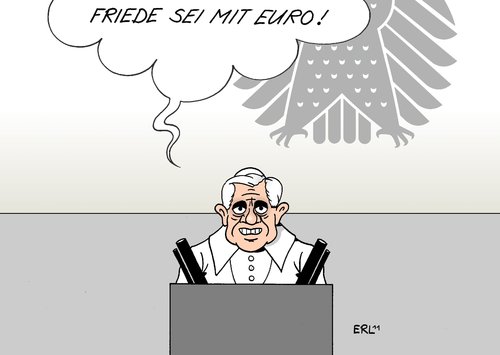 Cartoon: Papst Euro (medium) by Erl tagged papst,benedikt,xvi,16,besuch,deutschland,berlin,bundestag,rede,boykott,friede,euro,krise,deutschland,papst,besuch,rede,bundestag,berlin,boykott,euro,krise