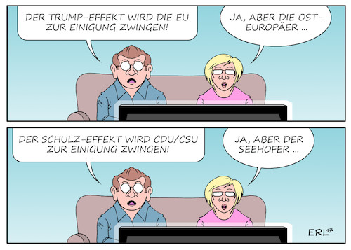 Cartoon: Parallelen (medium) by Erl tagged usa,präsident,trump,rechtspopulismus,unberechenbarkeit,abschottung,handelskrieg,eu,effekt,einigung,widerstand,osteuropa,ungarn,polen,tschechien,slowakei,cdu,csu,versöhnung,spd,kanzlerkandidat,schulz,risiko,seehofer,karikatur,erl,usa,präsident,trump,rechtspopulismus,unberechenbarkeit,abschottung,handelskrieg,eu,effekt,einigung,widerstand,osteuropa,ungarn,polen,tschechien,slowakei,cdu,csu,versöhnung,spd,kanzlerkandidat,schulz,risiko,seehofer,karikatur,erl