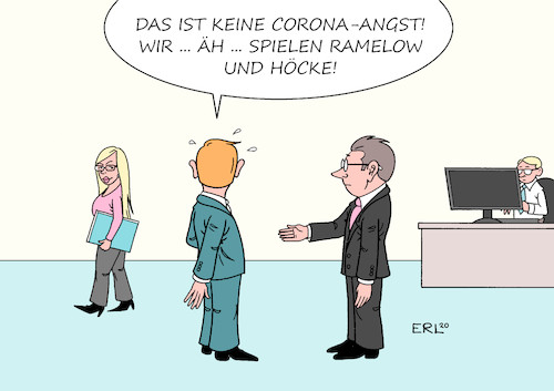 Cartoon: Peinliche Situation (medium) by Erl tagged politik,gesundheit,krankheit,infektion,covid19,coronavirus,angst,ansteckung,händeschütteln,thüringen,wahl,ministerpräsident,bodo,ramelow,die,linke,verweigerung,gratulation,handschlag,björn,höcke,afd,rechtsextremismus,büro,arbeit,kollegin,kollege,karikatur,erl,politik,gesundheit,krankheit,infektion,covid19,coronavirus,angst,ansteckung,händeschütteln,thüringen,wahl,ministerpräsident,bodo,ramelow,die,linke,verweigerung,gratulation,handschlag,björn,höcke,afd,rechtsextremismus,büro,arbeit,kollegin,kollege,karikatur,erl