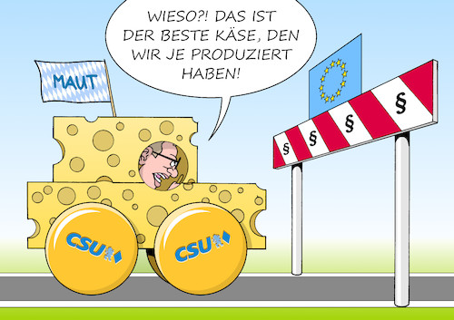 Cartoon: PKW-Maut (medium) by Erl tagged politik,csu,wahlkampf,pkw,maut,ausländer,gesetz,eu,recht,unvereinbar,europäischer,gerichtshof,eugh,diskriminierung,alexander,dobrindt,verkehrsminister,käse,strasse,sperre,karikatur,erl,politik,csu,wahlkampf,pkw,maut,ausländer,gesetz,eu,recht,unvereinbar,europäischer,gerichtshof,eugh,diskriminierung,alexander,dobrindt,verkehrsminister,käse,strasse,sperre,karikatur,erl