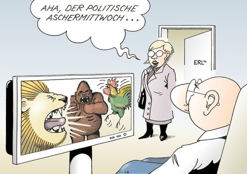 Cartoon: Politischer Aschermittwoch (medium) by Erl tagged aschermittwoch,politisch,rede,bier,schau,revier,löwe,gorilla,hahn,aschermittwoch,rede,politisch,löwe,gorilla,revier,hahn