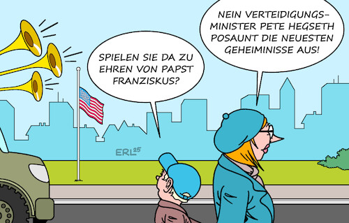 Cartoon: Posaune Pete (medium) by Erl tagged politik,tod,papst,franziskus,usa,verteidigungsminister,pete,hegseth,chatgruppe,privat,dienstlich,geheimnisse,karikatur,erl,politik,tod,papst,franziskus,usa,verteidigungsminister,pete,hegseth,chatgruppe,privat,dienstlich,geheimnisse,karikatur,erl