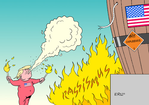 Cartoon: Pulverfass (medium) by Erl tagged politik,usa,rassismus,polizeigewalt,polizei,weiße,schwarze,tod,festnahme,mord,unruhen,proteste,gewalt,feuer,präsident,trump,feuerspucker,pulverfass,gefahr,explosion,anheizer,spaltung,schwarz,weiß,arm,reich,wahlkampf,rechtspopulismus,karikatur,erl,politik,usa,rassismus,polizeigewalt,polizei,weiße,schwarze,tod,festnahme,mord,unruhen,proteste,gewalt,feuer,präsident,trump,feuerspucker,pulverfass,gefahr,explosion,anheizer,spaltung,schwarz,weiß,arm,reich,wahlkampf,rechtspopulismus,karikatur,erl