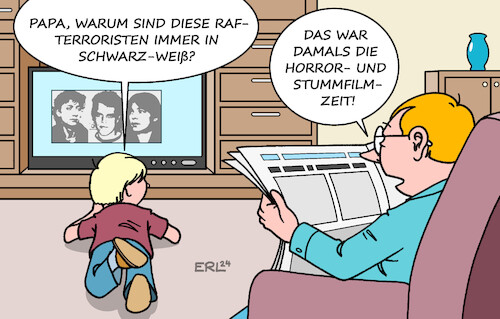 Cartoon: RAF-Zeit (medium) by Erl tagged politik,verhaftung,daniela,klette,terroristin,raf,terror,terrorismus,linksterrorismus,bundesrepuplik,zeitung,fernsehen,film,horrorfilm,schwarzweißfilm,stummfilm,vater,sohn,karikatur,erl,politik,verhaftung,daniela,klette,terroristin,raf,terror,terrorismus,linksterrorismus,bundesrepuplik,zeitung,fernsehen,film,horrorfilm,schwarzweißfilm,stummfilm,vater,sohn,karikatur,erl