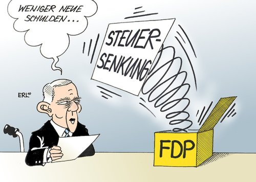 Cartoon: Reflex (medium) by Erl tagged schulden,neuverschuldung,geringer,fdp,steuersenkung,reflex,schäuble,schulden,neuverschuldung,fdp,steuersenkung,reflex,schäuble