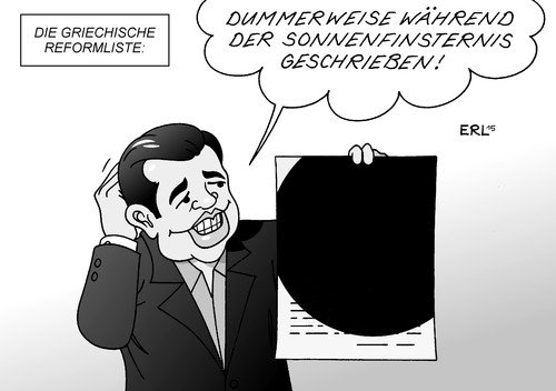 Cartoon: Reformliste (medium) by Erl tagged griechenland,krise,schulden,euro,banken,eu,ezb,iwf,troika,sparkurs,hilfe,kredit,bedingung,reformen,reform,liste,reformliste,regioerung,tsipras,sonnenfinsternis,partiell,sonne,mond