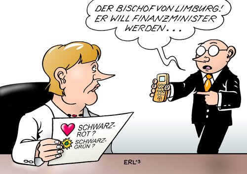 Cartoon: Regierungsbildung (medium) by Erl tagged wahl,sieg,cdu,csu,bundeskanzlerin,angela,merkel,regierungsbildung,koalition,sondierung,schwarz,rot,grün,spd,die,grünen,gespräche,bischof,limburg,franz,peter,tebartz,van,elst,residenz,kosten,kostenexplosion,luxus,prunk,flug,erste,klasse,falschaussage,lüge,geld,verschwendung,finanzen,finanzminister,wahl,sieg,cdu,csu,bundeskanzlerin,angela,merkel,regierungsbildung,koalition,sondierung,schwarz,rot,grün,spd,die,grünen,gespräche,bischof,limburg,franz,peter,tebartz,van,elst,residenz,kosten,kostenexplosion,luxus,prunk,flug,erste,klasse,falschaussage,lüge,geld,verschwendung,finanzen,finanzminister