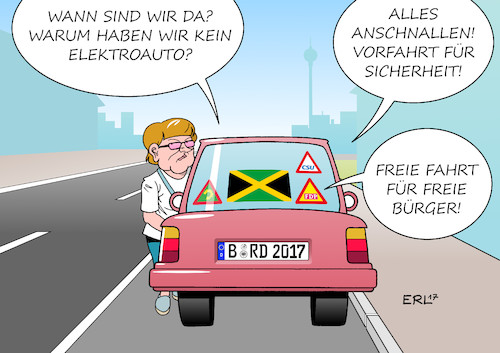 Cartoon: Reise nach Jamaika (medium) by Erl tagged cdu,bundeskanzlerin,angela,merkel,csu,ministerpräsident,bayern,horst,seehofer,flüchtlingspolitik,sicherheit,obergrenze,bundestagswahl,einzug,bundestag,afd,rechtsruck,regierung,koalition,sondierung,reise,auto,jamaika,schwarz,gelb,grün,fdp,freiheit,die,grünen,umweltschutz,klimaschutz,elektromobilität,karikatur,erl,cdu,bundeskanzlerin,angela,merkel,csu,ministerpräsident,bayern,horst,seehofer,flüchtlingspolitik,sicherheit,obergrenze,bundestagswahl,einzug,bundestag,afd,rechtsruck,regierung,koalition,sondierung,reise,auto,jamaika,schwarz,gelb,grün,fdp,freiheit,die,grünen,umweltschutz,klimaschutz,elektromobilität,karikatur,erl