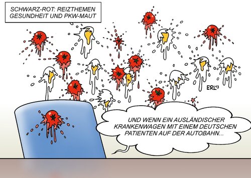 Cartoon: Reizthemen (medium) by Erl tagged koalition,koalitionsverhandlungen,cdu,csu,spd,reibung,problem,streitpunkt,euphorie,enttäuschung,thema,reizthema,gesundheit,pkw,maut,ausländer,deutsche,deutsch,krankenwagen,patient,koalition,koalitionsverhandlungen,cdu,csu,spd,reibung,problem,streitpunkt,euphorie,enttäuschung,thema,reizthema,gesundheit,pkw,maut,ausländer,deutsche,deutsch,krankenwagen,patient