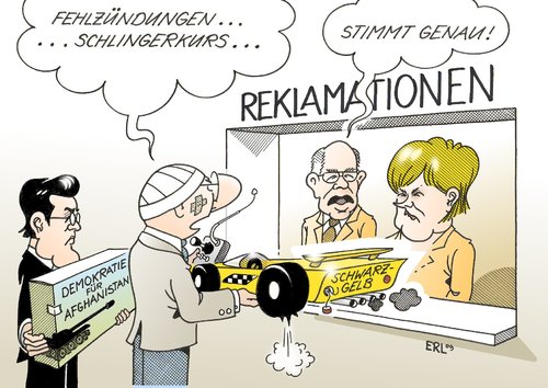 Cartoon: Reklamationen (medium) by Erl tagged reklamation,geschenk,schwarz,gelb,cdu,csu,fdp,fehlstart,fehlzündung,schlingerkurs,afghanistan,demokratie,zu,guttenberg,merkel,lammert,kritik,reklamation,geschenk,schwarz,gelb,cdu,csu,fdp,fehlstart,fehlzündung,schlingerkurs,afghanistan,demokratie,guttenberg,angela merkel,lammert,kritik,angela,merkel