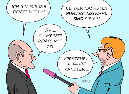 Cartoon: Rente mit 67 (medium) by Erl tagged politik,arbeit,rente,bundeskanzler,olaf,scholz,renteneintrittsalter,67,79,kanzlerschaft,rekord,helmut,kohl,16,jahre,karikatur,erl,politik,arbeit,rente,bundeskanzler,olaf,scholz,renteneintrittsalter,67,79,kanzlerschaft,rekord,helmut,kohl,16,jahre,karikatur,erl