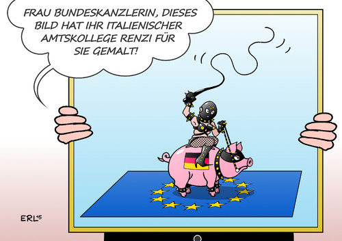 Cartoon: Renzi (medium) by Erl tagged matteo,renzi,ministerpräsident,italien,interview,deutschland,dominant,eu,europa,bundeskanzlerin,angela,merkel,sparkurs,domina,sparschwein,kritik,bild,malen,karikatur,erl,matteo,renzi,ministerpräsident,italien,interview,deutschland,dominant,eu,europa,bundeskanzlerin,angela,merkel,sparkurs,domina,sparschwein,kritik,bild,malen,karikatur,erl