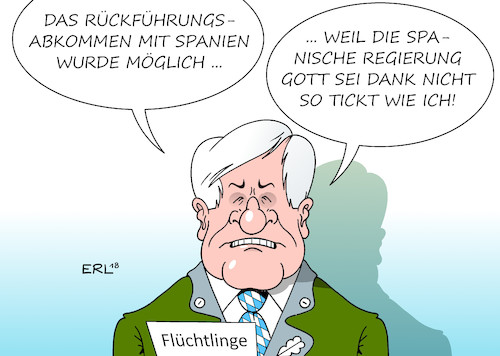 Cartoon: Rückführungsabkommen (medium) by Erl tagged politik,eu,europa,flüchtlingspolitik,deutschland,spanien,rückführungsabkommen,rücknahme,flüchtling,48,stunden,kompromissbereitschaft,spanische,regierung,sozialisten,psoe,pedro,sanchez,innenminister,horst,seehofer,csu,harte,linie,asylstreit,rhetorik,rechtspopulismus,karikatur,erl,politik,eu,europa,flüchtlingspolitik,deutschland,spanien,rückführungsabkommen,rücknahme,flüchtling,48,stunden,kompromissbereitschaft,spanische,regierung,sozialisten,psoe,pedro,sanchez,innenminister,horst,seehofer,csu,harte,linie,asylstreit,rhetorik,rechtspopulismus,karikatur,erl