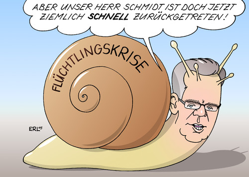 Cartoon: Rücktritt (medium) by Erl tagged flüchtlinge,flüchtlingskrise,bewältigung,innenminister,de,maiziere,langsam,schleppend,schnecke,bundesamt,für,migration,und,bamf,präsident,manfred,schmidt,rücktritt,überraschung,überraschend,schnell,kritik,karikatur,erl,flüchtlinge,flüchtlingskrise,bewältigung,innenminister,de,maiziere,langsam,schleppend,schnecke,bundesamt,für,migration,und,bamf,präsident,manfred,schmidt,rücktritt,überraschung,überraschend,schnell,kritik,karikatur,erl