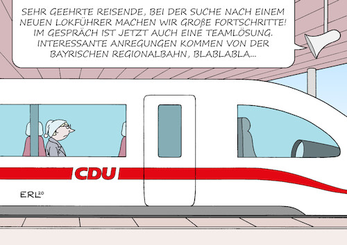 Cartoon: Sänk ju for trävelling wis CDU! (medium) by Erl tagged politik,cdu,rückzug,vorsitz,annegret,kramp,karrenbauer,akk,nachfolge,diskussion,kandidaten,merz,spahn,laschet,frage,söder,bahn,lokführer,suche,passagier,karikatur,erl,politik,cdu,rückzug,vorsitz,annegret,kramp,karrenbauer,akk,nachfolge,diskussion,kandidaten,merz,spahn,laschet,frage,söder,bahn,lokführer,suche,passagier,karikatur,erl