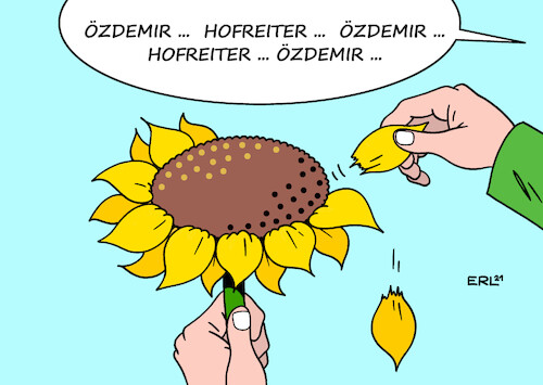 Cartoon: Sag s durch die Blume (medium) by Erl tagged politik,regierung,neu,ampel,spd,fdp,bündnis90,die,grünen,minister,ministerin,posten,ministerposten,kampf,agrarministerium,agrarminister,cem,özdemir,anton,toni,hofreiter,sonnenblume,blätter,karikatur,erl,politik,regierung,neu,ampel,spd,fdp,bündnis90,die,grünen,minister,ministerin,posten,ministerposten,kampf,agrarministerium,agrarminister,cem,özdemir,anton,toni,hofreiter,sonnenblume,blätter,karikatur,erl