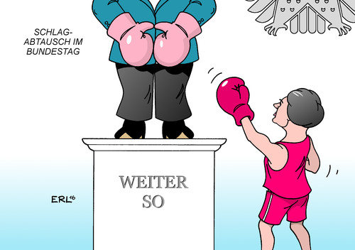 Cartoon: Schlagabtausch im Bundestag (medium) by Erl tagged debatte,generaldebatte,bundestag,schlagabtausch,bundeskanzlerin,angela,merkel,cdu,weiter,so,kontinuitaet,stabilität,opposition,oppositionsführerin,sahra,wagenknecht,die,linke,gesellschaft,zusammenhalt,soziale,gerechtigkeit,trump,karikatur,erl,bundestag