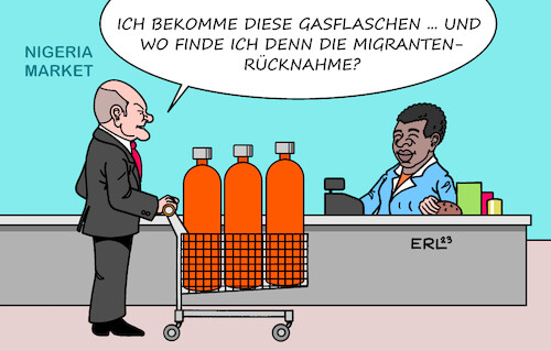 Cartoon: Scholz kauft ein (medium) by Erl tagged politik,bundeskanzler,olaf,scholz,besuch,reise,afrika,nigeria,handel,energie,gas,erdgas,verhandlungen,rücknahme,migranten,flüchtlinge,migrationszentren,supermarkt,markt,einkaufen,rückgabe,leergut,kasse,karikatur,erl,politik,bundeskanzler,olaf,scholz,besuch,reise,afrika,nigeria,handel,energie,gas,erdgas,verhandlungen,rücknahme,migranten,flüchtlinge,migrationszentren,supermarkt,markt,einkaufen,rückgabe,leergut,kasse,karikatur,erl