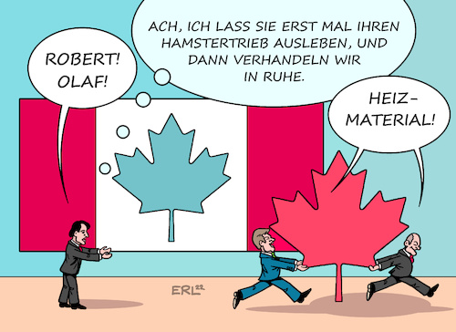 Cartoon: Scholz und Habeck in Kanada (medium) by Erl tagged politik,reise,bundeskanzler,olaf,scholz,spd,wirtschaftsminister,robert,habeck,grüne,kanada,premierminister,justin,trudeau,verhandlungen,energie,gas,flüssiggas,grüner,wasserstoff,gasknappheit,krieg,russland,ukraine,deutschland,angst,winter,heizung,heizmateriel,frieren,flagge,ahornblatt,karikatur,erl,politik,reise,bundeskanzler,olaf,scholz,spd,wirtschaftsminister,robert,habeck,grüne,kanada,premierminister,justin,trudeau,verhandlungen,energie,gas,flüssiggas,grüner,wasserstoff,gasknappheit,krieg,russland,ukraine,deutschland,angst,winter,heizung,heizmateriel,frieren,flagge,ahornblatt,karikatur,erl