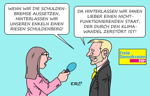 Cartoon: Schuldenbremse (medium) by Erl tagged politik,finanzen,finanzminister,christian,lindner,fdp,einhaltung,schuldenbremse,verhinderung,investitionen,daseinsvorsorge,staat,transformation,klimaneutralität,schulden,schuldenberg,enkel,karikatur,erl,politik,finanzen,finanzminister,christian,lindner,fdp,einhaltung,schuldenbremse,verhinderung,investitionen,daseinsvorsorge,staat,transformation,klimaneutralität,schulden,schuldenberg,enkel,karikatur,erl