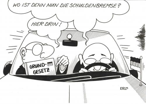 Cartoon: Schuldenbremse (medium) by Erl tagged schulden,verschuldung,neuverschuldung,bremse,grundgesetz,auto,schulden,verschuldung,neuverschuldung,bremse,grundgesetz,auto,autos,gesetz,justiz,geld