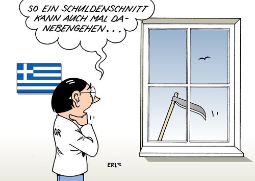 Cartoon: Schuldenschnitt (medium) by Erl tagged griechenland,schulden,krise,schuldenschnitt,gläubiger,verzicht,forderungen,anleihen,bankrott,pleite,sense,griechenland,schulden,krise,schuldenschnitt,gläubiger,verzicht,forderungen,anleihen,bankrott,pleite,sense