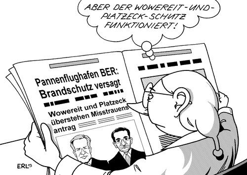 Cartoon: Schutz (medium) by Erl tagged flughafen,ber,berlin,brandenburg,pannen,fehler,baumängel,pfusch,brandschutz,politik,wowereit,platzeck,mistrauensantrag,senat,landtag,schutz