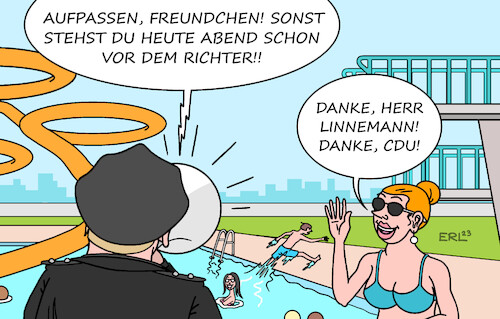 Cartoon: Schwarzer Sheriff (medium) by Erl tagged politik,partei,cdu,designiert,generalsekretär,carsten,linnemann,law,and,order,schwarzer,sheriff,freibad,belästigung,frauen,schlägerei,mittag,abend,richter,konsequenzen,schnell,karikatur,erl,politik,partei,cdu,designiert,generalsekretär,carsten,linnemann,law,and,order,schwarzer,sheriff,freibad,belästigung,frauen,schlägerei,mittag,abend,richter,konsequenzen,schnell,karikatur,erl