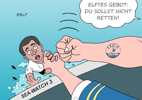 Cartoon: Sea-Watch 3 (medium) by Erl tagged politik,flucht,flüchtlinge,geflüchtete,mittelmeer,gefahr,ertrinken,rettungsschiff,schiff,sea,watch,kapitänin,rackete,rettung,hafen,lampedusa,verbot,anlegen,italien,innenminister,matteo,salvini,rechtspopulismus,rechtsextremismus,rassismus,eu,werte,christlich,zehn,gebote,elftes,gebot,karikatur,erl,politik,flucht,flüchtlinge,geflüchtete,mittelmeer,gefahr,ertrinken,rettungsschiff,schiff,sea,watch,kapitänin,rackete,rettung,hafen,lampedusa,verbot,anlegen,italien,innenminister,matteo,salvini,rechtspopulismus,rechtsextremismus,rassismus,eu,werte,christlich,zehn,gebote,elftes,gebot,karikatur,erl