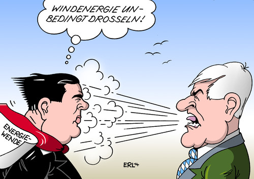 Cartoon: Seehofer Gabriel (medium) by Erl tagged energiewende,große,koalition,cdu,csu,spd,energieminister,sigmar,gabriel,gegenwind,bayern,horst,seehofer,ministerpräsident,kehrtwende,windkraft,windenergie,energiewende,große,koalition,cdu,csu,spd,energieminister,sigmar,gabriel,gegenwind,bayern,horst,seehofer,ministerpräsident,kehrtwende,windkraft,windenergie