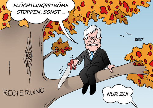 Cartoon: Seehofer II (medium) by Erl tagged koalitionsgipfel,regierung,koalition,schwarz,rot,cdu,csu,spd,flüchtlinge,flüchtlingsfrage,obergrenze,transitzonen,grenzen,schließung,kontrolle,merkel,gabriel,seehofer,ultimatum,ast,säge,baum,herbst,laub,karikatur,erl,koalitionsgipfel,regierung,koalition,schwarz,rot,cdu,csu,spd,flüchtlinge,flüchtlingsfrage,obergrenze,transitzonen,grenzen,schließung,kontrolle,merkel,gabriel,seehofer,ultimatum,ast,säge,baum,herbst,laub,karikatur,erl