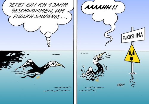 Cartoon: Seevogel (medium) by Erl tagged meer,ölpest,bp,golf,mexiko,usa,seevogel,öl,erdöl,wasser,japan,fukushima,atomkraftwrek,gau,supergau,radioaktivität,strahlung,meer,ölpest,bp,golf,mexiko,usa,seevogel,öl,erdöl,wasser,japan,fukushima,atomkraftwrek,gau,supergau,radioaktivität,strahlung