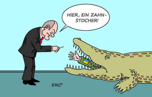 Cartoon: Selenskyj bei Scholz (medium) by Erl tagged politik,krieg,überfall,russland,ukraine,selenskyj,scholz,waffen,zahnstocher,krokodil,karikatur,erl,politik,krieg,überfall,russland,ukraine,selenskyj,scholz,waffen,zahnstocher,krokodil,karikatur,erl