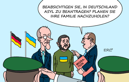 Cartoon: Selenskyj in Berlin (medium) by Erl tagged politik,krieg,ukraine,selenskyj,berlin,unterstützung,merz,migration,verschärfung,dobrindt,asyl,familie,nachzug,karikatur,erl,politik,krieg,ukraine,selenskyj,berlin,unterstützung,merz,migration,verschärfung,dobrindt,asyl,familie,nachzug,karikatur,erl