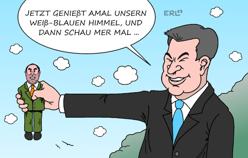 Cartoon: Söder hält an Aiwanger fest (medium) by Erl tagged politik,bayern,freie,wähler,vorsitzender,hubert,aiwanger,vorwurf,schüler,flugblatt,hetzschrift,antisemitismus,behauptung,verfasser,bruder,glaubwürdigkeit,rechtsextremismus,rechtspopulismus,landtagswahl,ministerpräsident,markus,söder,solidarität,festhalten,auf,zeit,himmel,weiß,blau,abgrund,karikatur,erl,politik,bayern,freie,wähler,vorsitzender,hubert,aiwanger,vorwurf,schüler,flugblatt,hetzschrift,antisemitismus,behauptung,verfasser,bruder,glaubwürdigkeit,rechtsextremismus,rechtspopulismus,landtagswahl,ministerpräsident,markus,söder,solidarität,festhalten,auf,zeit,himmel,weiß,blau,abgrund,karikatur,erl