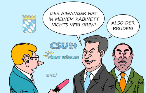 Cartoon: Söder und Aiwanger (medium) by Erl tagged politik,bayern,freie,wähler,vorsitzender,hubert,aiwanger,vorwurf,schüler,flugblatt,hetzschrift,antisemitismus,präsentation,verfasser,bruder,glaubwürdigkeit,rechtsextremismus,rechtspopulismus,landtagswahl,ministerpräsident,markus,söder,solidarität,auf,zeit,karikatur,erl,politik,bayern,freie,wähler,vorsitzender,hubert,aiwanger,vorwurf,schüler,flugblatt,hetzschrift,antisemitismus,präsentation,verfasser,bruder,glaubwürdigkeit,rechtsextremismus,rechtspopulismus,landtagswahl,ministerpräsident,markus,söder,solidarität,auf,zeit,karikatur,erl