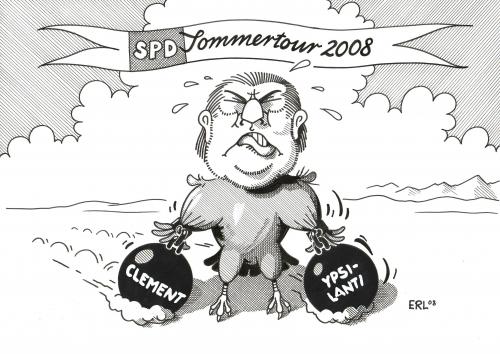 Cartoon: Sommertour (medium) by Erl tagged spd,beck,flügel,clement,ypsilanti,rechts,links,sommer,tour,wahlkampf,spd,kurt beck,parteivorsitzender,wolgang clement,andrea ypsilanti,rechtsflügel,linksflügel,linksruck,kommunismus,stasikritik,stasi,sommer tour,wahlkampf,entscheidung,entscheidungsproblem,gewicht,belastung,innere zerstrittenheit,parteiauschluss,parteirauswurf,lobbyismus,lobbyist,nordrheinwestfalen,nrw,agenda 2010,hartz4,hartz iv,alg 2,hartz,alg ii,graf rotz,schröderianer,kurt,beck,wolgang,clement,andrea,ypsilanti,sommer,tour,innere,zerstrittenheit,agenda,2010,iv,alg,ii,graf,rotz