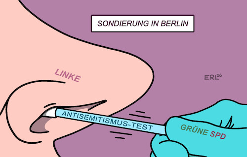 Cartoon: Sondierung (medium) by Erl tagged politik,wahl,berlin,wahlsiegerin,linke,vorwürfe,antisemitismus,sondierungsgespräche,grüne,spd,corona,test,wattestäbchen,nase,karikatur,erl,politik,wahl,berlin,wahlsiegerin,linke,vorwürfe,antisemitismus,sondierungsgespräche,grüne,spd,corona,test,wattestäbchen,nase,karikatur,erl