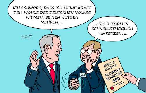 Cartoon: Souffleur (medium) by Erl tagged politik,bundesregierung,rücktritt,arbeitsministerin,bas,nachfolger,schweitzer,spd,reformen,tempo,cdu,vereidigung,karikatur,erl,politik,bundesregierung,rücktritt,arbeitsministerin,bas,nachfolger,schweitzer,spd,reformen,tempo,cdu,vereidigung,karikatur,erl