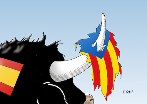 Cartoon: Spanien Katalonien (medium) by Erl tagged katalonien,unabhängigkeit,referendum,spanien,verbot,verfassung,verfassungswidrig,anwendung,paragraf,155,entmachtung,regionalregierung,übernahme,macht,zentralregierung,recht,gesetz,geld,wirtschaft,wirtschaftskraft,konflikt,konfrontation,rechthaberei,unnachgiebigkeit,mariano,rajoy,carles,puigdemont,stier,stierkampf,karikatur,erl,katalonien,unabhängigkeit,referendum,spanien,verbot,verfassung,verfassungswidrig,anwendung,paragraf,155,entmachtung,regionalregierung,übernahme,macht,zentralregierung,recht,gesetz,geld,wirtschaft,wirtschaftskraft,konflikt,konfrontation,rechthaberei,unnachgiebigkeit,mariano,rajoy,carles,puigdemont,stier,stierkampf,karikatur,erl