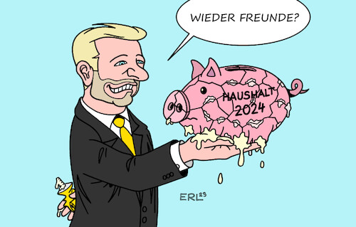 Cartoon: Sparkurs Lindner (medium) by Erl tagged politik,ampel,spd,grüne,fdp,haushalt,umgehung,schuldenbremse,verfassungswidrig,urteil,karlsruhe,milliardenloch,gefährdung,projekte,wirtschaft,industrie,suche,geld,bundeskanzler,olaf,scholz,wirtschaftsminister,robert,habeck,finanzminister,christian,lindner,sparen,sparkurs,sparschwein,reparatur,kleber,kleben,freunde,freundschaft,karikatur,erl,politik,ampel,spd,grüne,fdp,haushalt,umgehung,schuldenbremse,verfassungswidrig,urteil,karlsruhe,milliardenloch,gefährdung,projekte,wirtschaft,industrie,suche,geld,bundeskanzler,olaf,scholz,wirtschaftsminister,robert,habeck,finanzminister,christian,lindner,sparen,sparkurs,sparschwein,reparatur,kleber,kleben,freunde,freundschaft,karikatur,erl