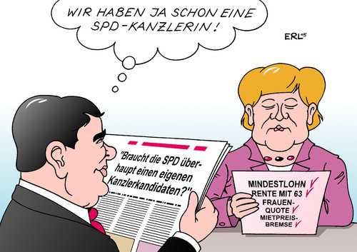 Cartoon: SPD Kanzlerkandidat (medium) by Erl tagged spd,kanzlerkandidat,frage,torsten,albig,ministerpräsident,schleswig,holstein,bundeskanzlerin,angela,merkel,übermacht,beliebtheit,umfragewerte,sozialdemokratie,politik,mindestlohn,rente,63,frauenquote,mietpreisbremse,sigmar,gabriel,karikatur,erl,spd,kanzlerkandidat,frage,torsten,albig,ministerpräsident,schleswig,holstein,bundeskanzlerin,angela,merkel,übermacht,beliebtheit,umfragewerte,sozialdemokratie,politik,mindestlohn,rente,63,frauenquote,mietpreisbremse,sigmar,gabriel