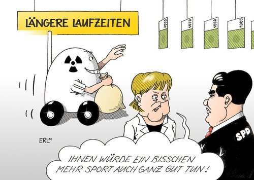 Cartoon: Sport (medium) by Erl tagged atomenergie,atomkraftwerk,laufzeit,verlängerung,gewinn,geld,sport,merkel,schönreden,angriff,verteidigung,gabriel,spd,atomenergie,verlängerung,laufzeit,gewinn,geld,angela merkel,koalition,gelb,cdu,csu,fdp,spaltung,verhinderung,angela,merkel