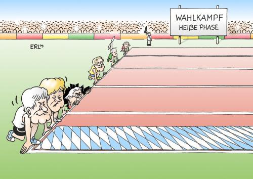 Cartoon: Startschuss (medium) by Erl tagged wahlkampf,heiße,phase,csu,cdu,spd,fdp,grüne,linke,bayern,extrawurst,rennen,partei,wahlkampf,wahlen,wahl,deutschland,bundesregierung,csu,cdu,spd,fdp,grüne,linke,bayern,extrawurst,partei,rennen,angela merkel,frank walter steinmeier,sprint,lauf,sport,angela,merkel,frank,walter,steinmeier,startschuss