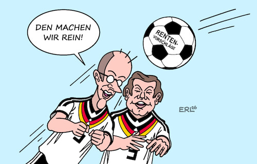 Cartoon: Steilvorlage (medium) by Erl tagged politik,arbeit,alter,rente,rentenreform,kommission,vorschläge,koalition,umsetzung,steilvorlage,fußball,kopfball,merz,klingbeil,karikatur,erl,politik,arbeit,alter,rente,rentenreform,kommission,vorschläge,koalition,umsetzung,steilvorlage,fußball,kopfball,merz,klingbeil,karikatur,erl